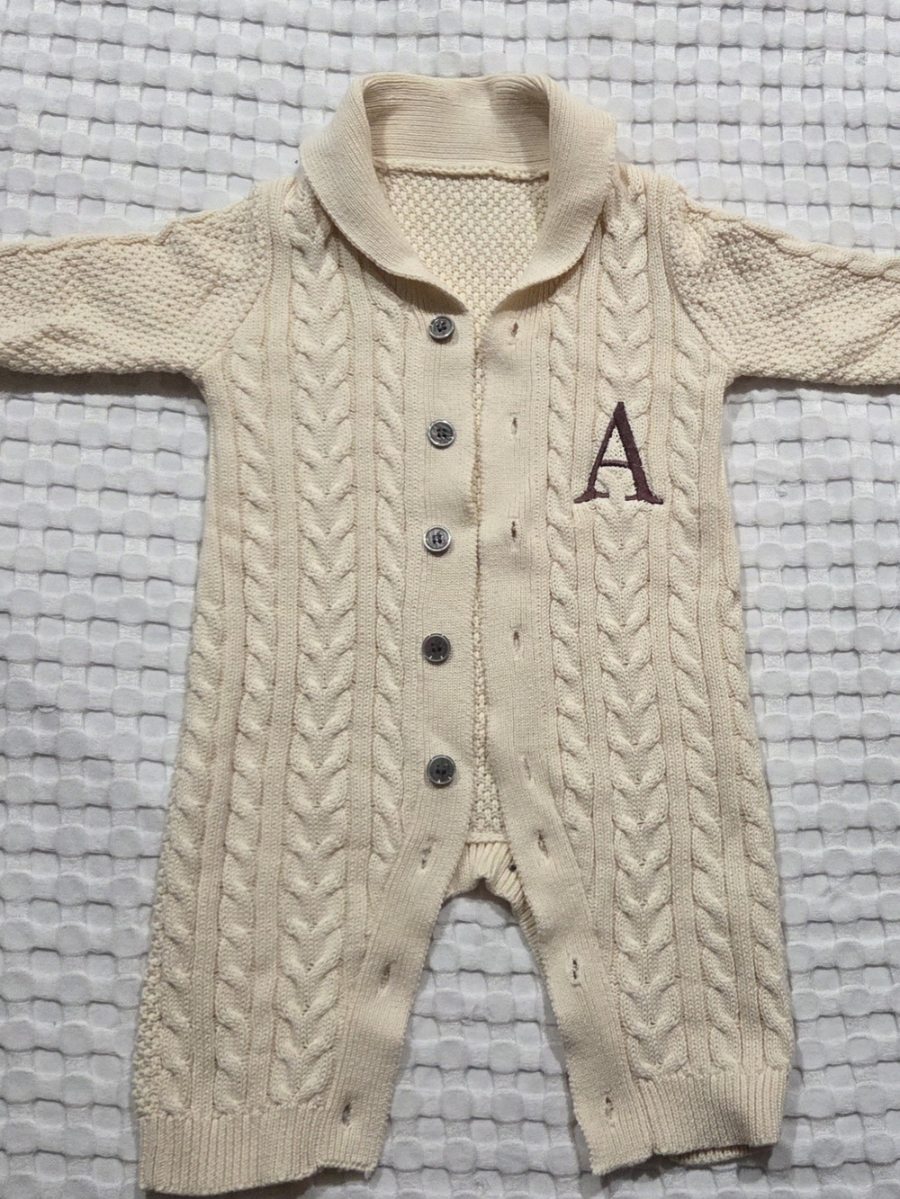 Cream Cable Knit One-Piece with Embroidered 'A'